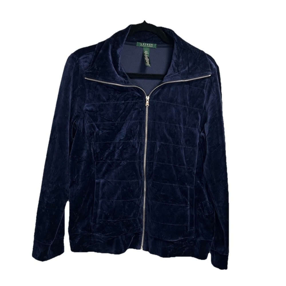 Lauren Ralph Lauren Jacket Women's Large Navy Velvet Full Zip‎ Quilted Pockets